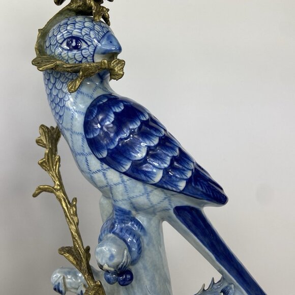 Pair of Vtg Porcelain & Brass ? Ormolu 14” Candlestick Holders Blue Bird Parrot - Picture 4 of 15